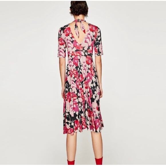 Zara High Neck Pink Floral Print Elbow Sleeve Tie Back Midi Dress Size Small - Picture 2 of 12